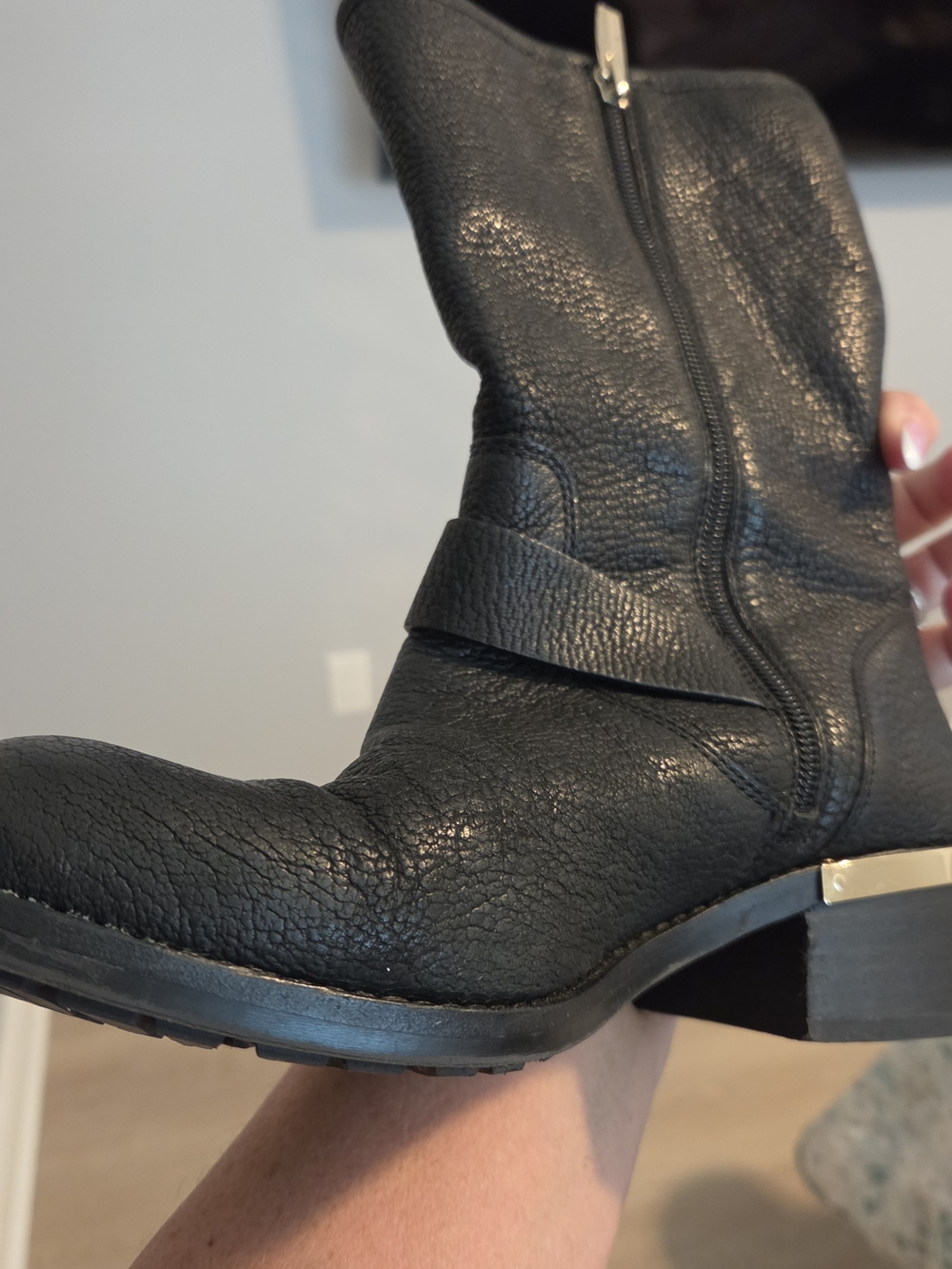 Vince Camuto Black Leather Combat Boots with Silver Buckles - Picture 3 of 4
